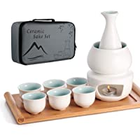 LOUTYTUO Juego de Sake de cerámica + Bandeja de bambú para Olla más Caliente- Bebida Saki Caliente de cerámica Segura…